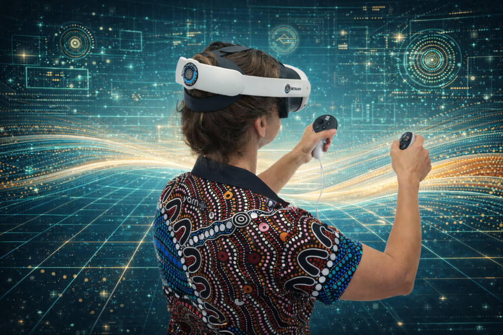 A person wearing a VR headset and holding controllers interacts with a virtual environment filled with futuristic graphics and glowing digital elements. The person wears a patterned shirt with dots and wavy lines.