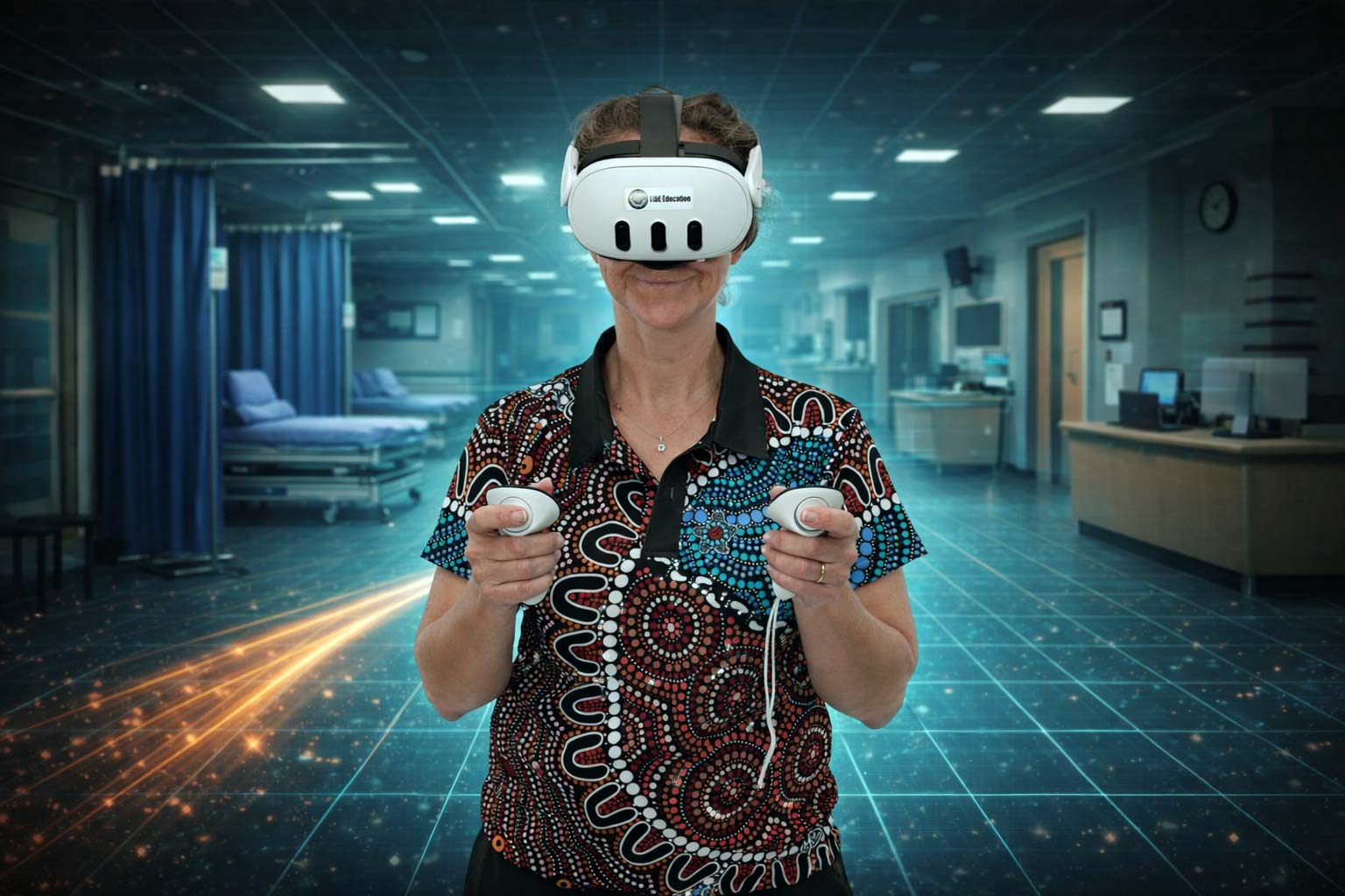 A person wearing a virtual reality headset and holding controllers stands in a futuristic hospital ward with digital grid lines and orange light streaks across the floor.