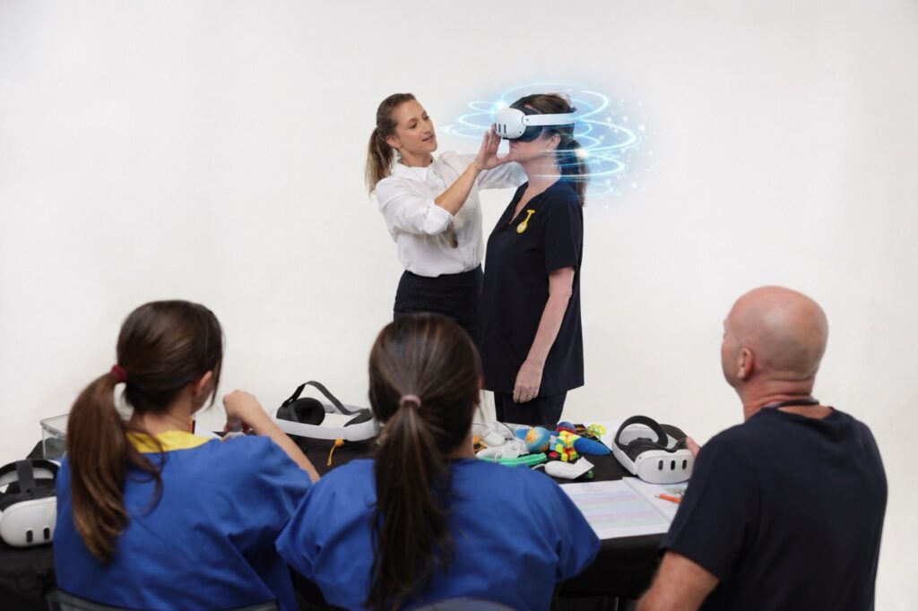 A woman helps another person put on a VR headset with digital effects, while three people seated at a table with VR headsets watch them in a bright, white room.